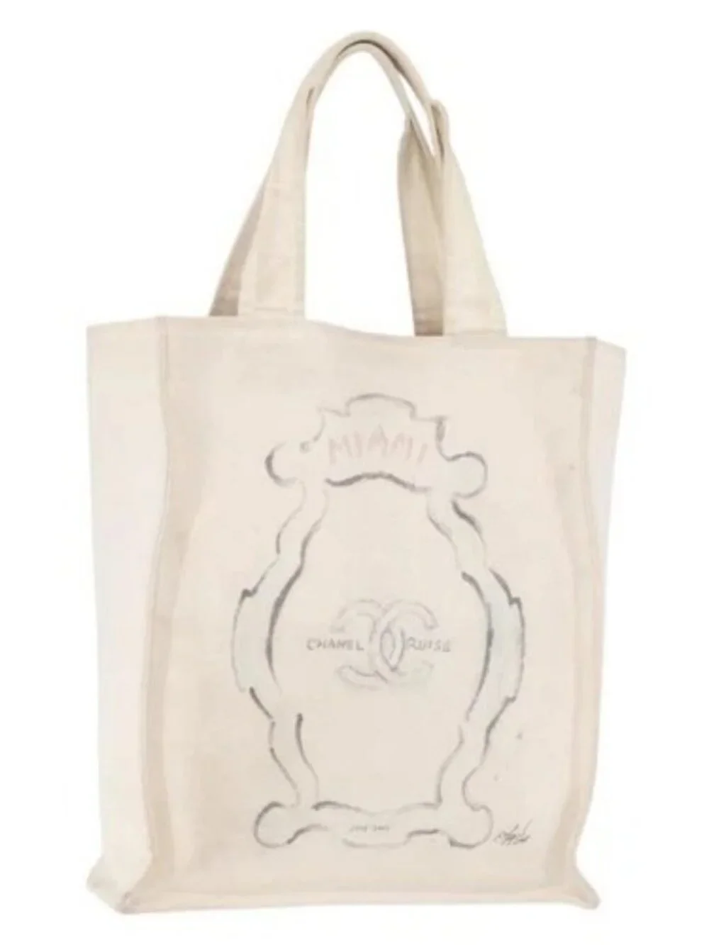 CHANEL Tote Bag Canvas White Silver CC Auth BA12534A